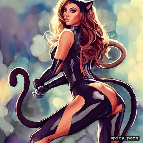 hot cat woman, realistic, cat eyes, but plug tail, animal feet