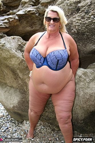 bikini top, fat belly, huge fat belly, very wide hips, happy gilf