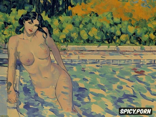 blushing woman with red lips and flushed cheeks in shady bathroom bathing intimate tender modern post impressionist fauves erotic art