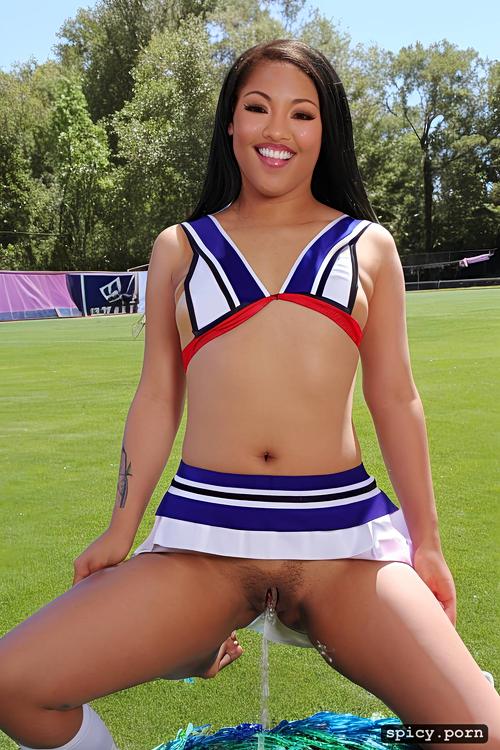 pissing while cheerleading, cheer uniform shows boobs and vagina