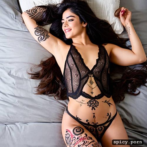 mahendi on hands, arms rise laughing, half naked, rashmika mandana wearing strippers clothes bare thighs