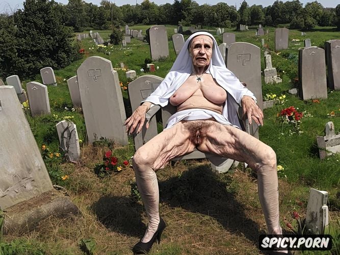 catholic nun, pale, very old granny, cemetery, spreading cellulite legs