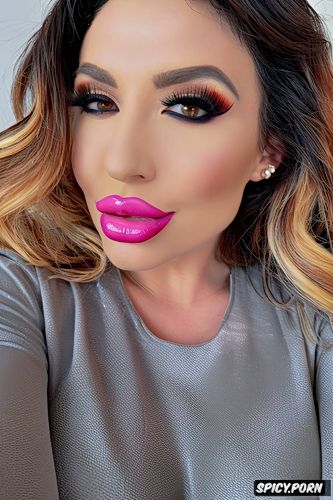 sexy cleavage, pink lips, slutty lip liner, huge fake lips, massive glossy lips