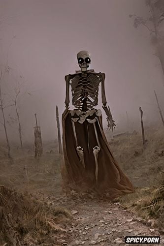 haunting human skeleton, complete, haunted clearing at night