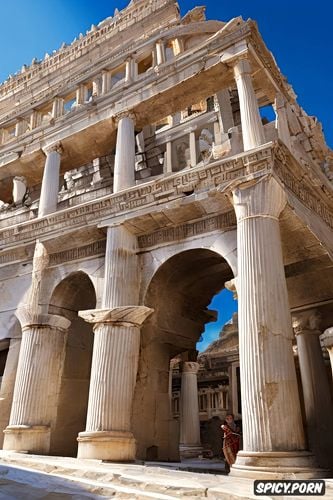 stunning face, pale skin, traditional greek woman, topless, historical greek buildings in the background