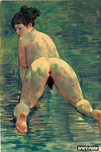 dark ominous atmosphere, cézanne painting, japanese nude, hairy vagina