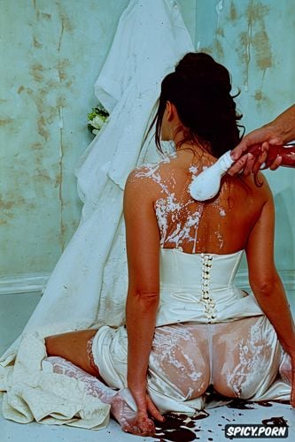sitting up, chocolate syrup smeared on wedding dress, chocolate syrup smeared and squirting everywhere