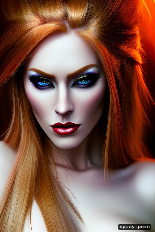 stern look on her face, ultra realistic, gorgeous face, long straight ginger hair