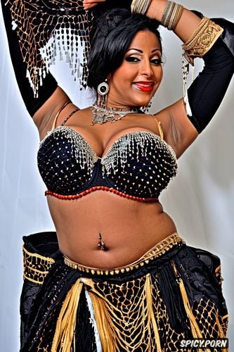 smiling, traditional piece belly dance costume, huge natural boobs