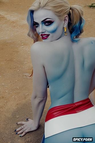 blue lipstick, two toned hair, nude, hyper realistic, harley quinn