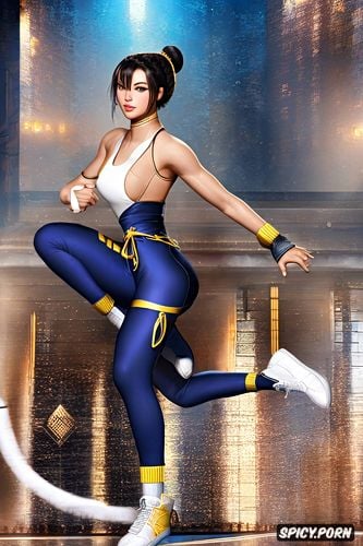 brunette, dress slit open, asian brunette female fighter, long dark blue silk dress