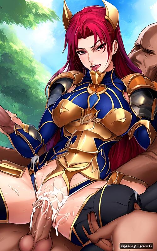red hair ripped armor female knight, cumming inside, ripped clothes