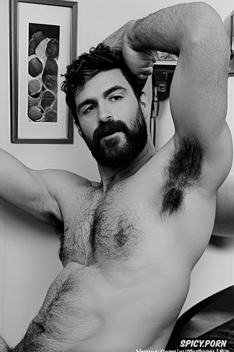 arms up, muscular, hairy body, beard, showing hairy armpits