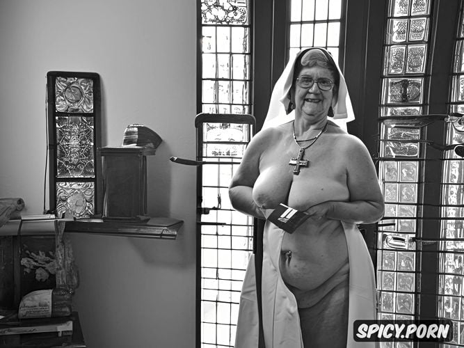 shaved dry pussy, nun, ultra detailed photo, saggy hanging obese belly