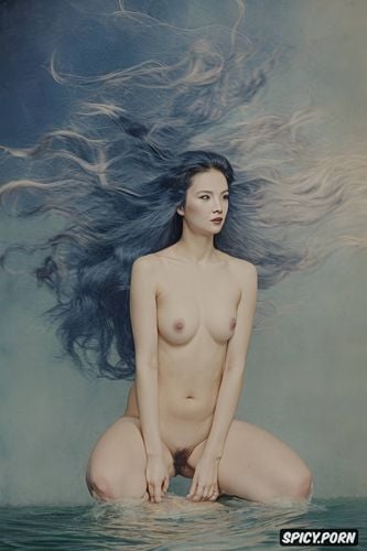 pov, floating hair, knee high socks, vintage photography, japanese nude woman