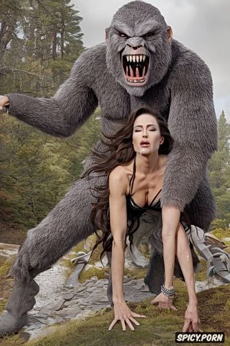 male sasquatch positioned to enter woman from behind, facial seizure from extreme pleasure