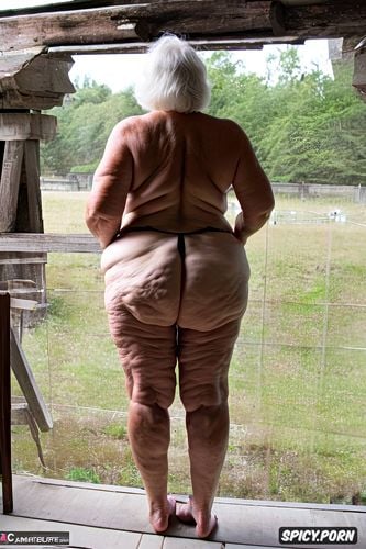 photorealistic, centered, big hips, rear view, white granny