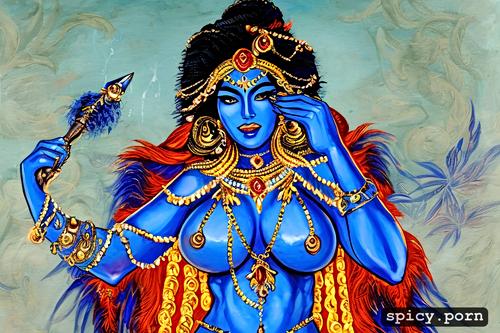 indian godess kali, blue skin, covered in cum, pleased