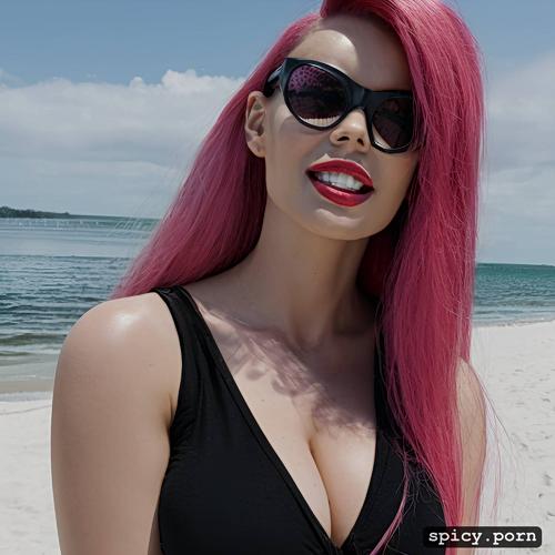 on beach, gorgeous face, glasses, pink hair, long hair, dominatrix