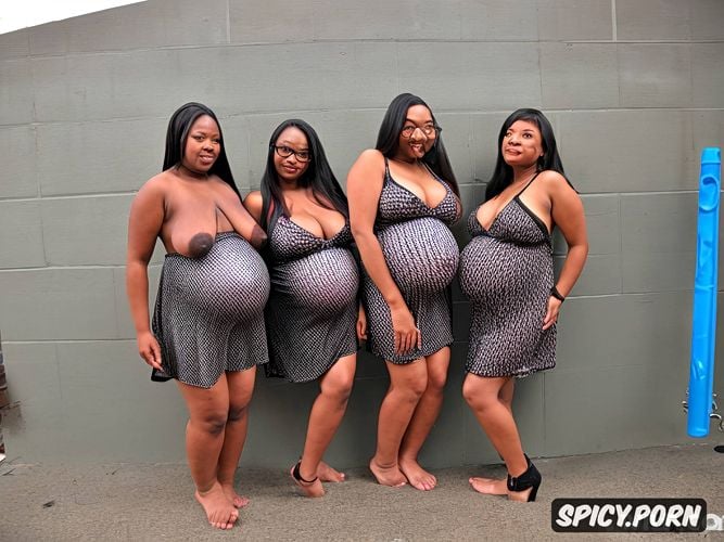 a group of pregnant teens with massive veiny boobs posing in front of a wall