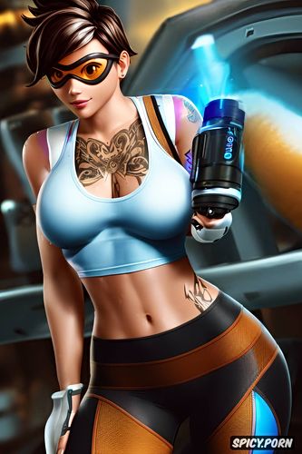 high resolution, ultra realistic, k shot on canon dslr, tracer overwatch beautiful face young tight black yoga pants topless tits out tattoos gym masterpiece