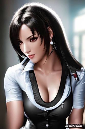 tifa lockhart final fantasy vii rebirth black medical scrubs shirt open soft lights beautiful face portrait