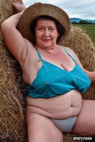 very old granny, pot belly, 98 years old, in hay field, wrinkled