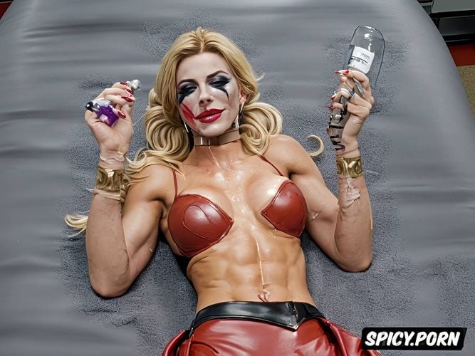 wet pussy, erect dick nipples 1 5, legs spread wide, doctor harleen quinzel is being transformed into harley quinn by pumping joker venom into her big inflatable tits
