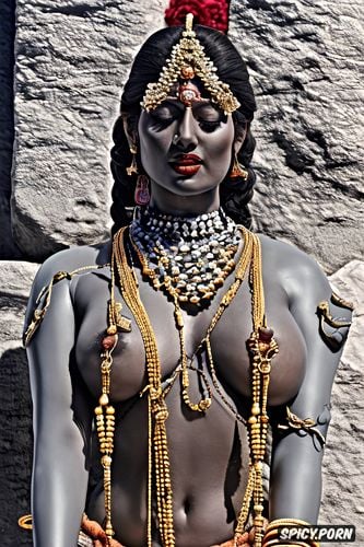 stone statue in chola dynasty style, gold jewelry, thin waist