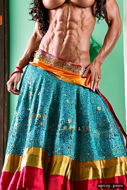 six pack abs, long hair, 34years, spicy low waist lehenga, big tits perfect body