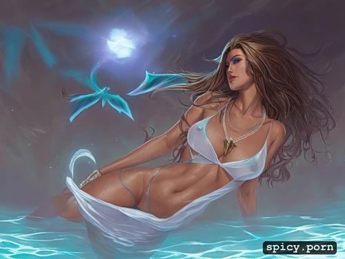 fantasy art, a photorealistic painting, a woman in a bikini under water with wings on her chest and a necklace a light shining from her chest