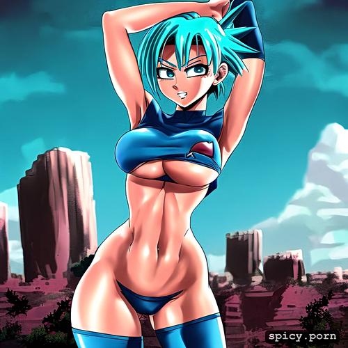 visible ribs, black and white, bulma, big boobs, arms up, full body view