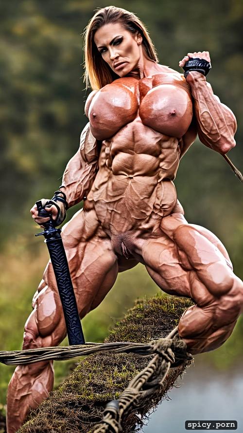 full body view, nude muscle woman, combat, cry, peril, massive abs