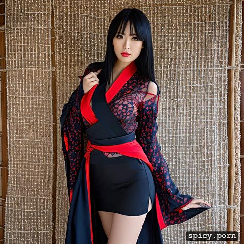 oriental, black hair, sexy, dragon, red, realistic, kimono, katana