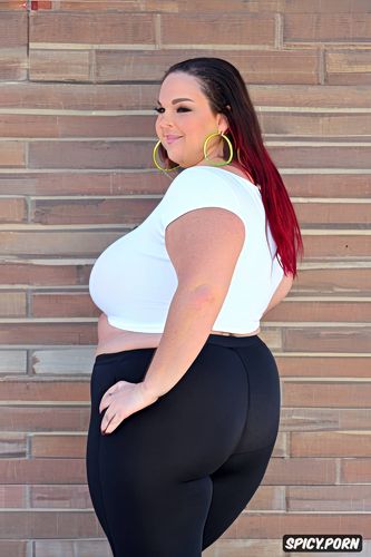 bangs hair, obese, big ass, seductive, huge fat belly, print spandex