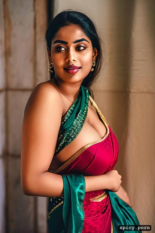 traditional bangladeshi woman, wearing saree, 18 yo, huge natural breasts