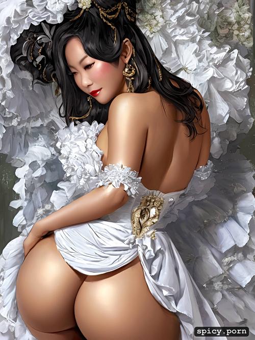 smothering, big ass, 40 yo asian ebony milf, ornate white dress