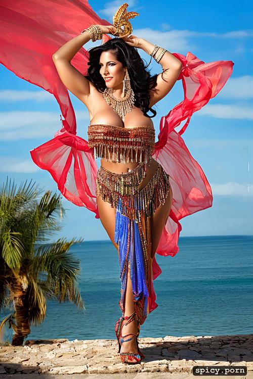 very beautiful bellydance costume with matching bikini top, color photo