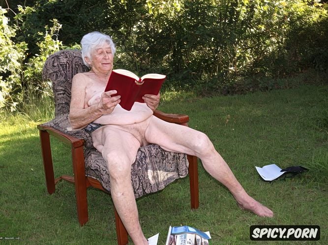 under the granny, totally naked granny is reading a novel while sitting on a dick