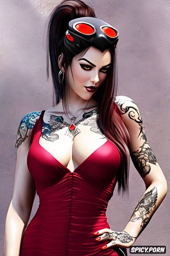 widowmaker overwatch beautiful face young full body shot, tattoos small perky tits elegant low cut tight dark red dress masterpiece