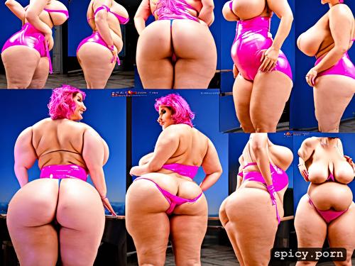 pink latex, photo realistic, fat, bent over looking back at camera