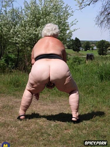 very old granny, rear view, squatting, open butt, open legs