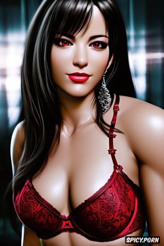 k shot on canon dslr, tifa lockhart final fantasy vii remake beautiful face young tight dark red lace lingerie masterpiece
