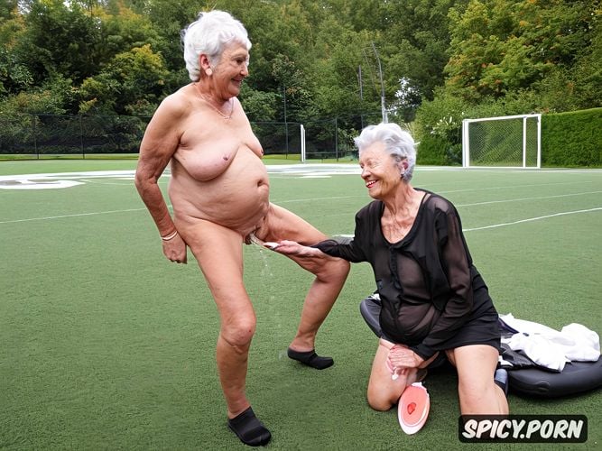 football field, small hanging empty breasts, sitting in wheelchair