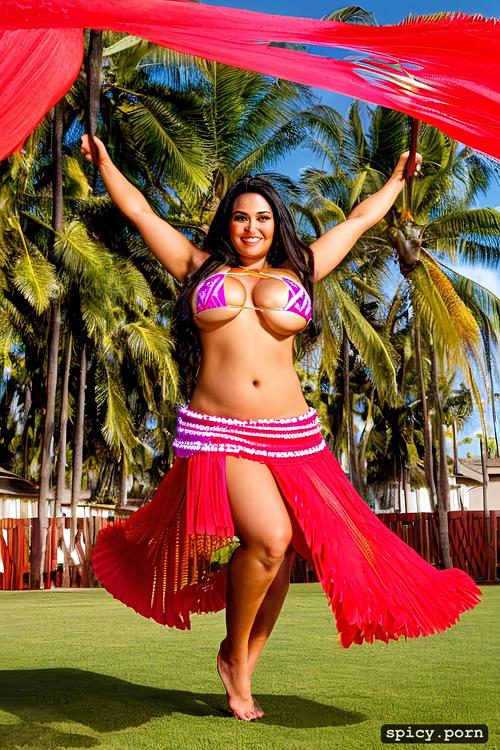 26 yo beautiful hawaiian hula dancer, color portrait, intricate beautiful hula dancing costume with bikini top