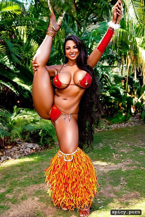 flawless smiling face, 23 yo beautiful tahitian dancer, intricate beautiful hula dancing costume