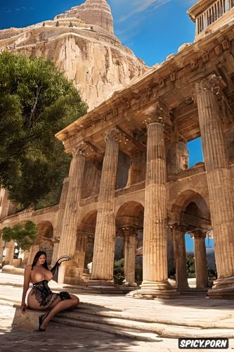 stunning face, pale skin, traditional greek woman, topless, historical greek buildings in the background