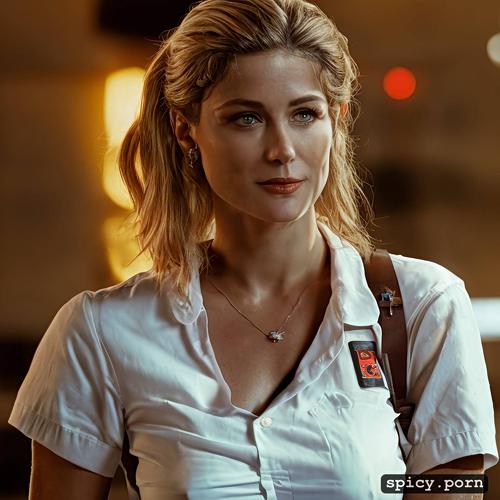 linda hamilton has dirty blonde hair, linda hamilton is wearing a pink waitress uniform with white crossed collar and white short sleeves