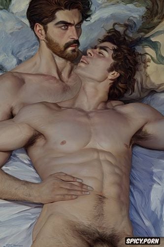 gay couple, wide hairy chest, abs, realism painting, very hairy