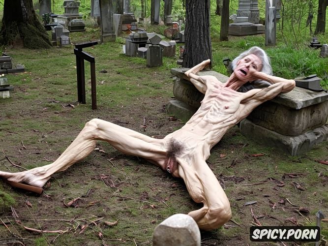 huge wooden crucifix in pussy, cemetery, scrawny, bony, very realistic